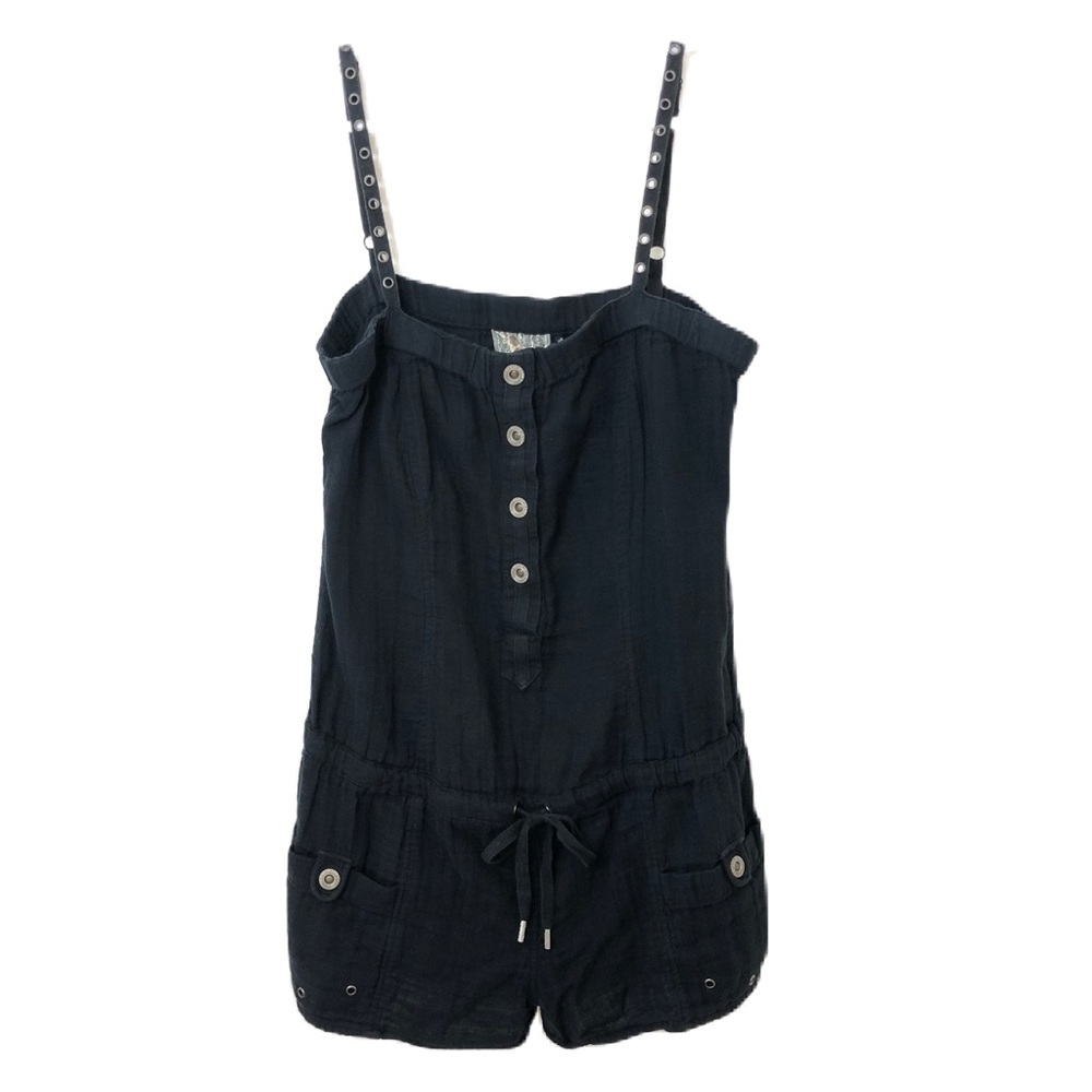 Guess Black Romper Spaghetti Strap Button Front Pocketed One Piece